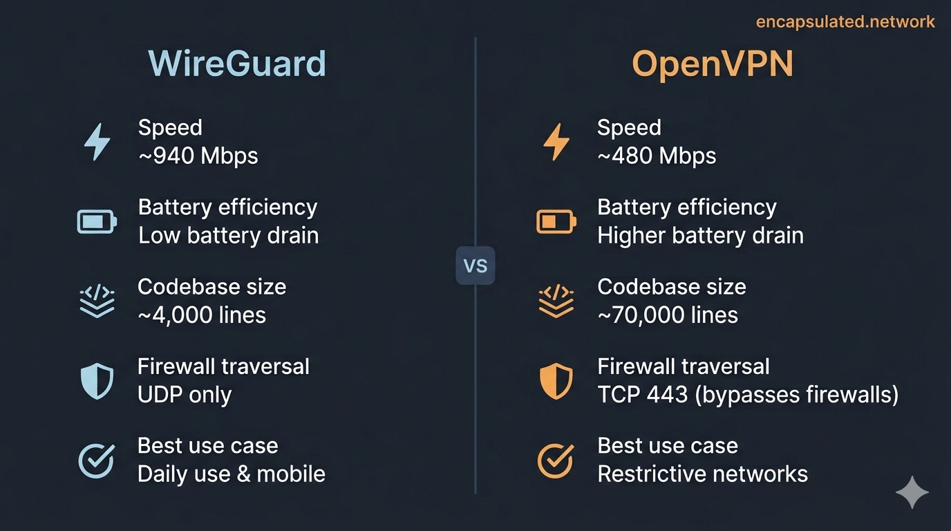 wireguard vs openvpn comparison diagram showing speed codebase size and protocol differences