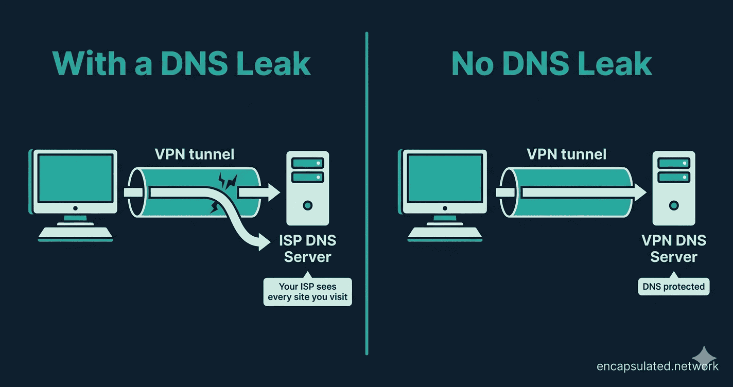 Diagram comparing a VPN connection with a DNS leak versus one with full DNS protection