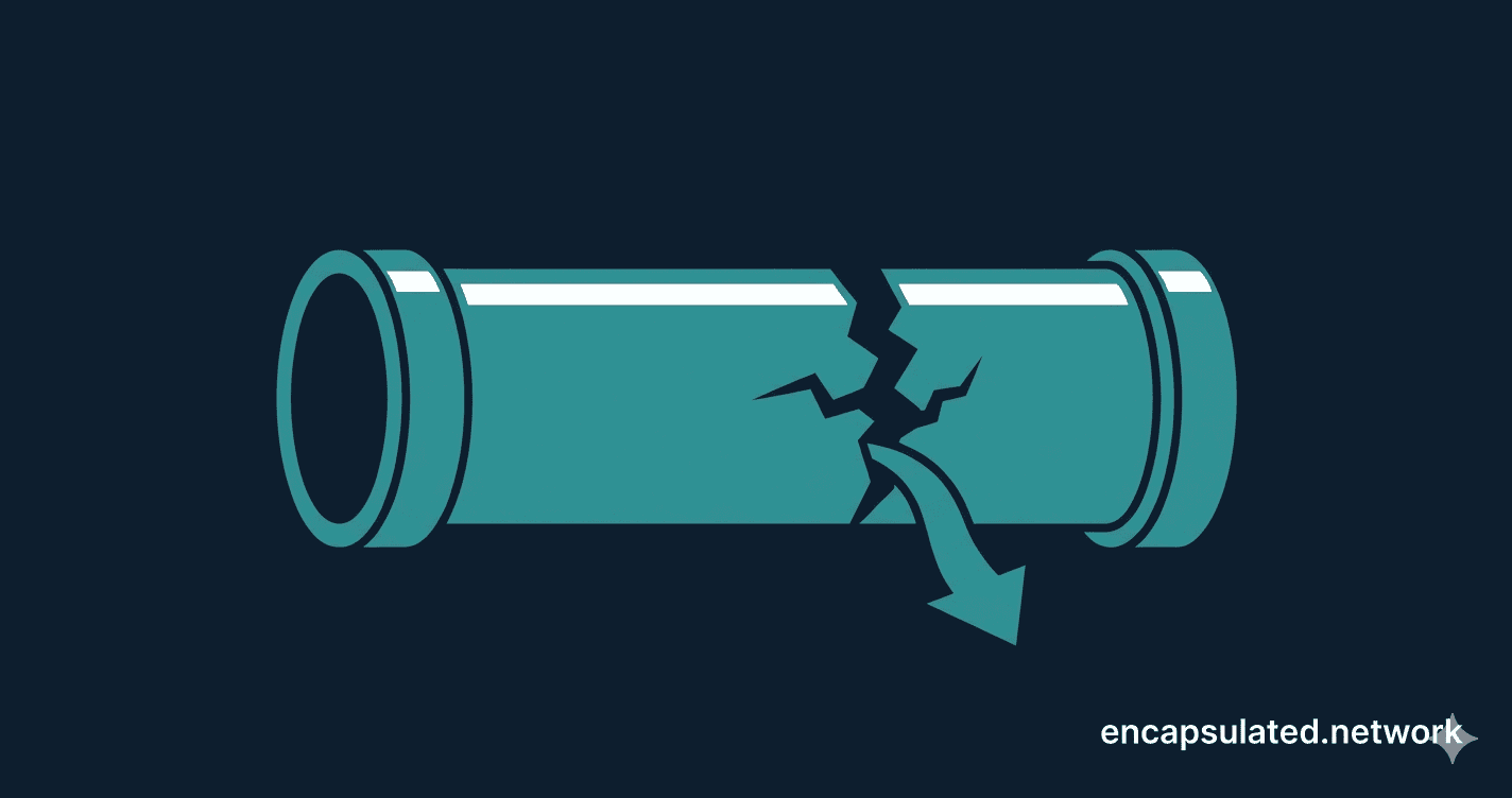 Featured image for article about DNS leaks — illustration of data escaping a VPN tunnel through a crack