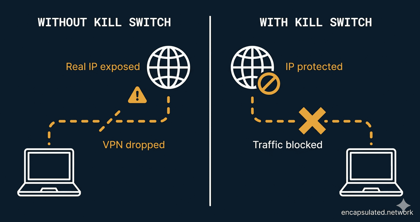 Two-panel diagram comparing what happens during a VPN dropout without a kill switch (real IP exposed) versus with a kill switch active (traffic blocked, IP protected).