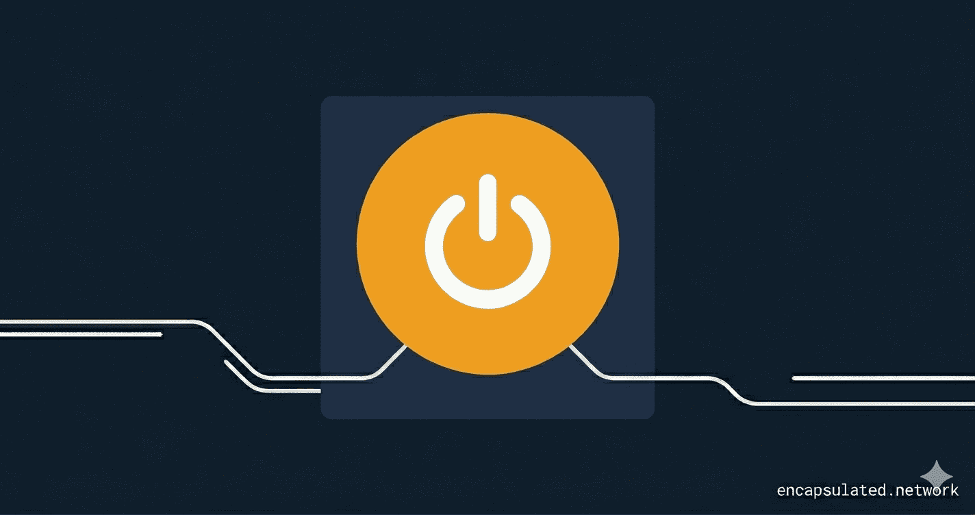 Bold flat illustration of an industrial emergency stop button in amber, representing a VPN kill switch cutting internet traffic on a dark navy background.