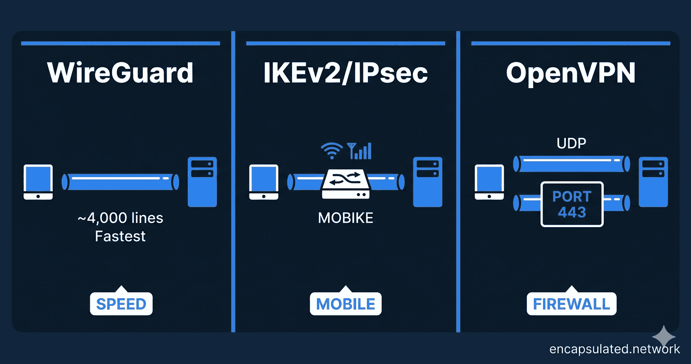 Diagram comparing WireGuard, IKEv2, and OpenVPN protocols showing speed, mobile switching, and firewall bypass capabilities