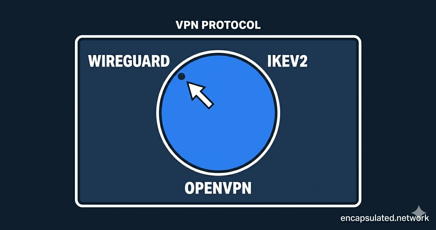 Featured image for article about VPN protocols — retro-tech illustration of a protocol selector dial showing WireGuard, IKEv2, and OpenVPN as selectable options