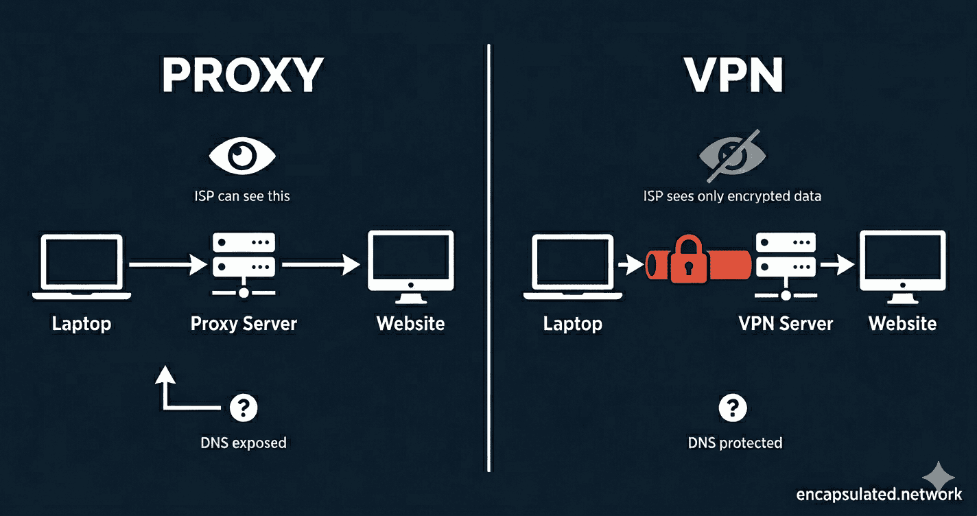 Diagram comparing how a proxy and a VPN route internet traffic, showing the proxy path without encryption and the VPN path inside an encrypted tunnel