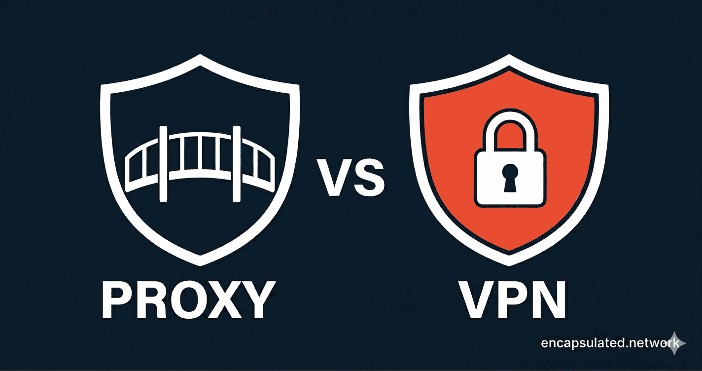 An empty white shield representing a proxy next to a solid coral shield with a padlock representing a VPN