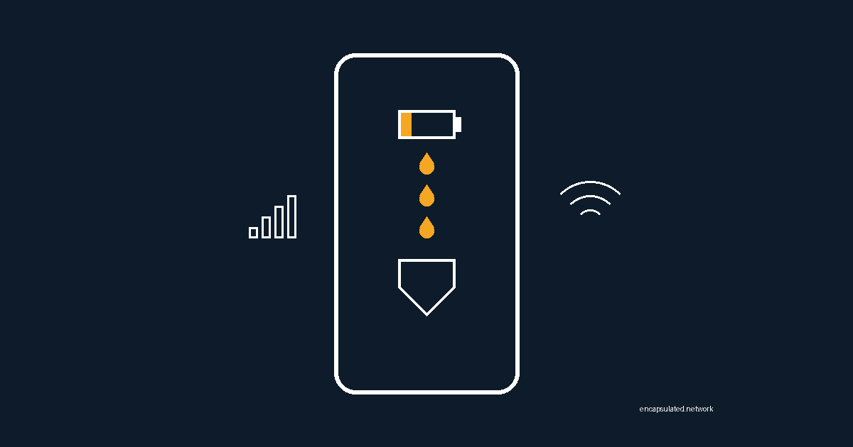 Flat illustration of a smartphone with a low battery icon draining amber droplets onto a VPN shield, flanked by mobile signal bars and a Wi-Fi icon, on a dark navy background