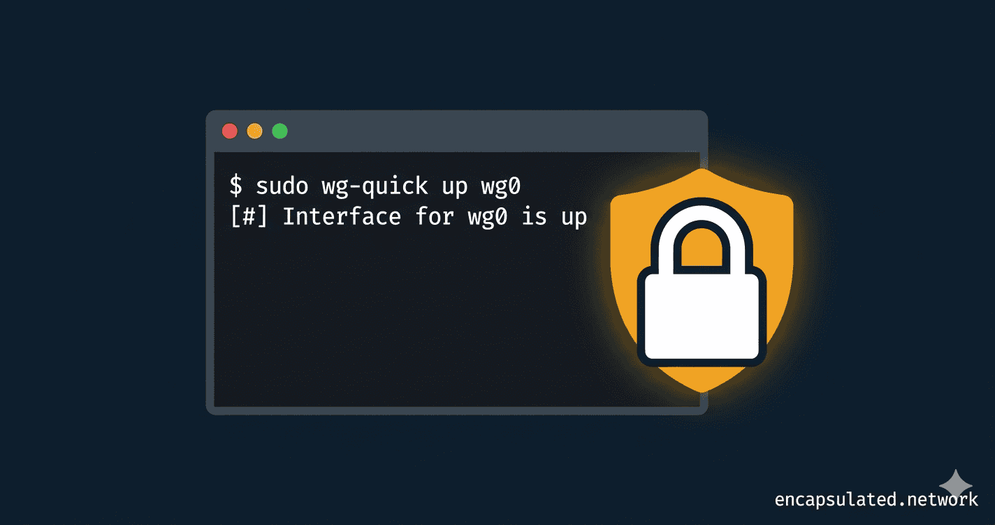 Terminal window showing the wg-quick up wg0 command on a dark navy background, with a locked padlock on an amber shield — representing an active WireGuard VPN connection on Linux.