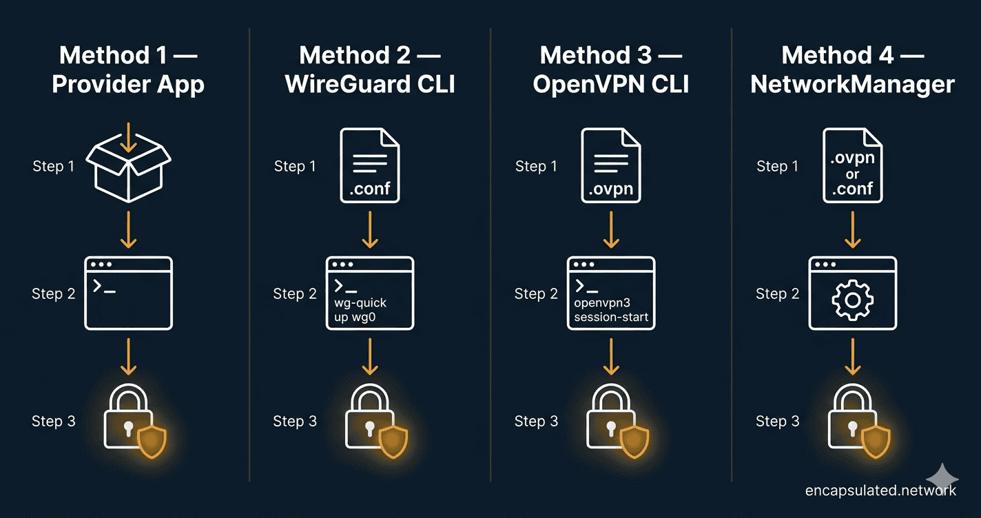 Diagram showing four methods to set up a VPN on Linux: Official Provider App, WireGuard CLI, OpenVPN CLI, and NetworkManager, each flowing from a configuration source through a terminal or GUI into an active encrypted tunnel.