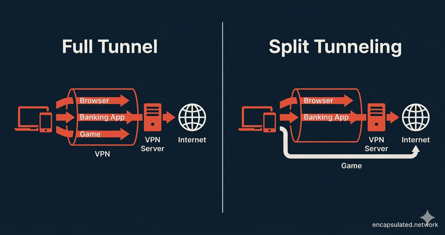 Diagram comparing full tunnel VPN mode with split tunneling, showing how split tunneling routes some apps through the VPN and others directly to the internet