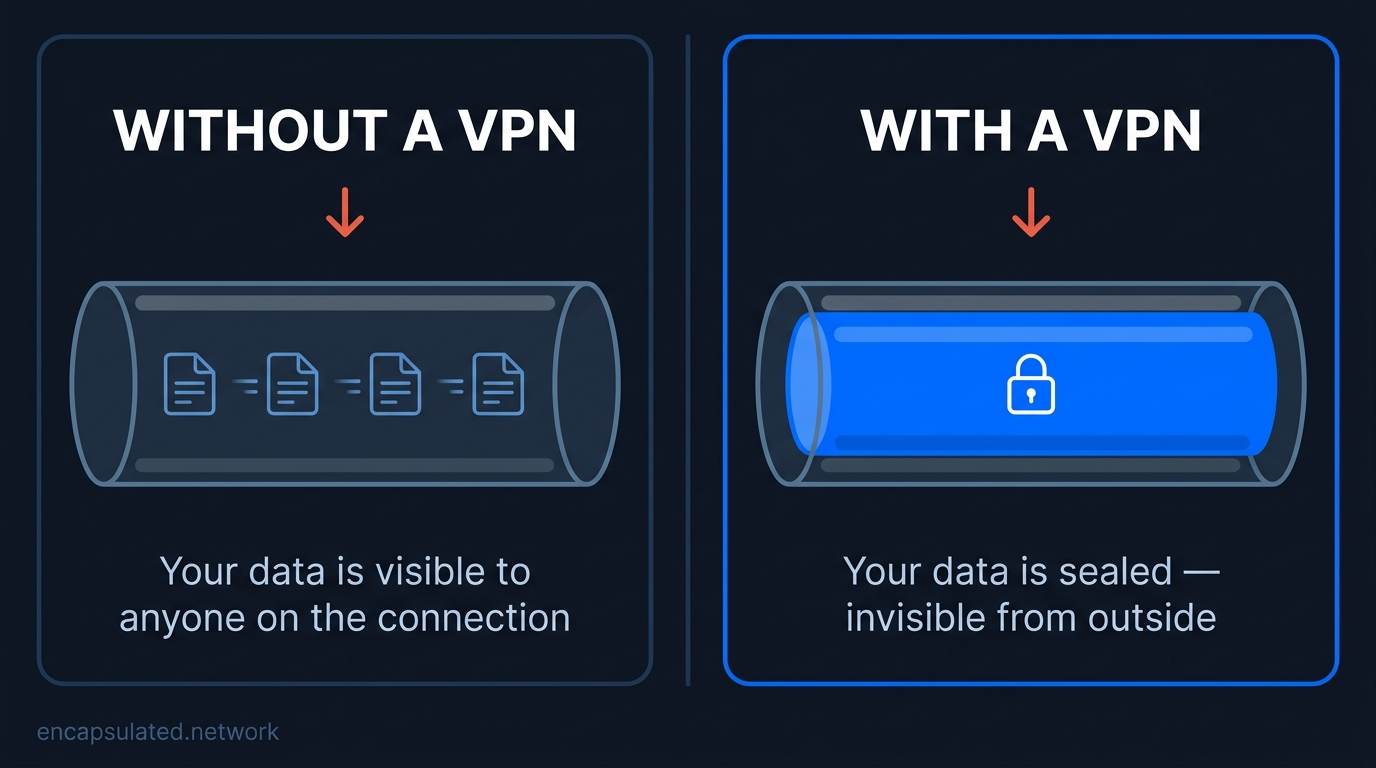 Two-panel dark infographic comparing internet traffic without and with a VPN. Left panel labelled "Without a VPN" shows data packets visible inside a transparent glass pipe. Right panel labelled "With a VPN" shows the same pipe containing a sealed opaque Electric Blue inner tube with a padlock icon, hiding the data from outside view.