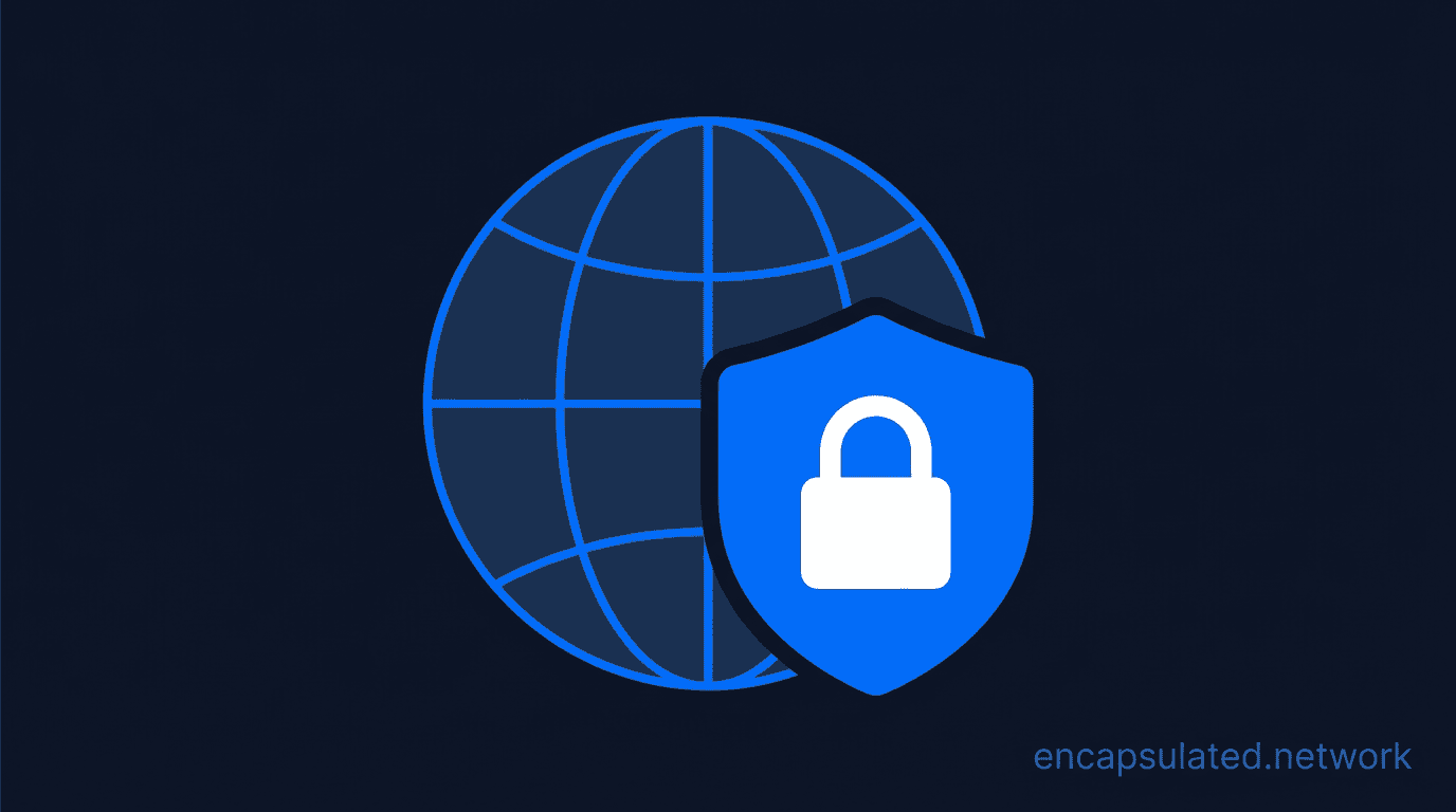 Dark navy featured image for the article "What Is a VPN?" showing a globe with Electric Blue grid lines representing the internet, overlapped by a solid Electric Blue shield with a white padlock icon, representing VPN protection of internet traffic.