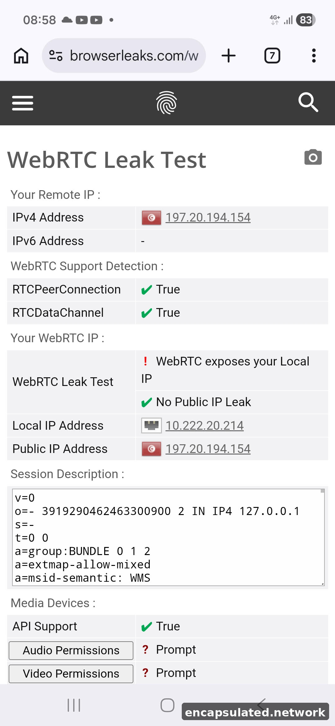 browserleaks.com WebRTC leak test on Android showing red warning that WebRTC exposes local IP address 10.222.20.214 with no public IP leak detected and Tunisia remote IP 197.20.194.154