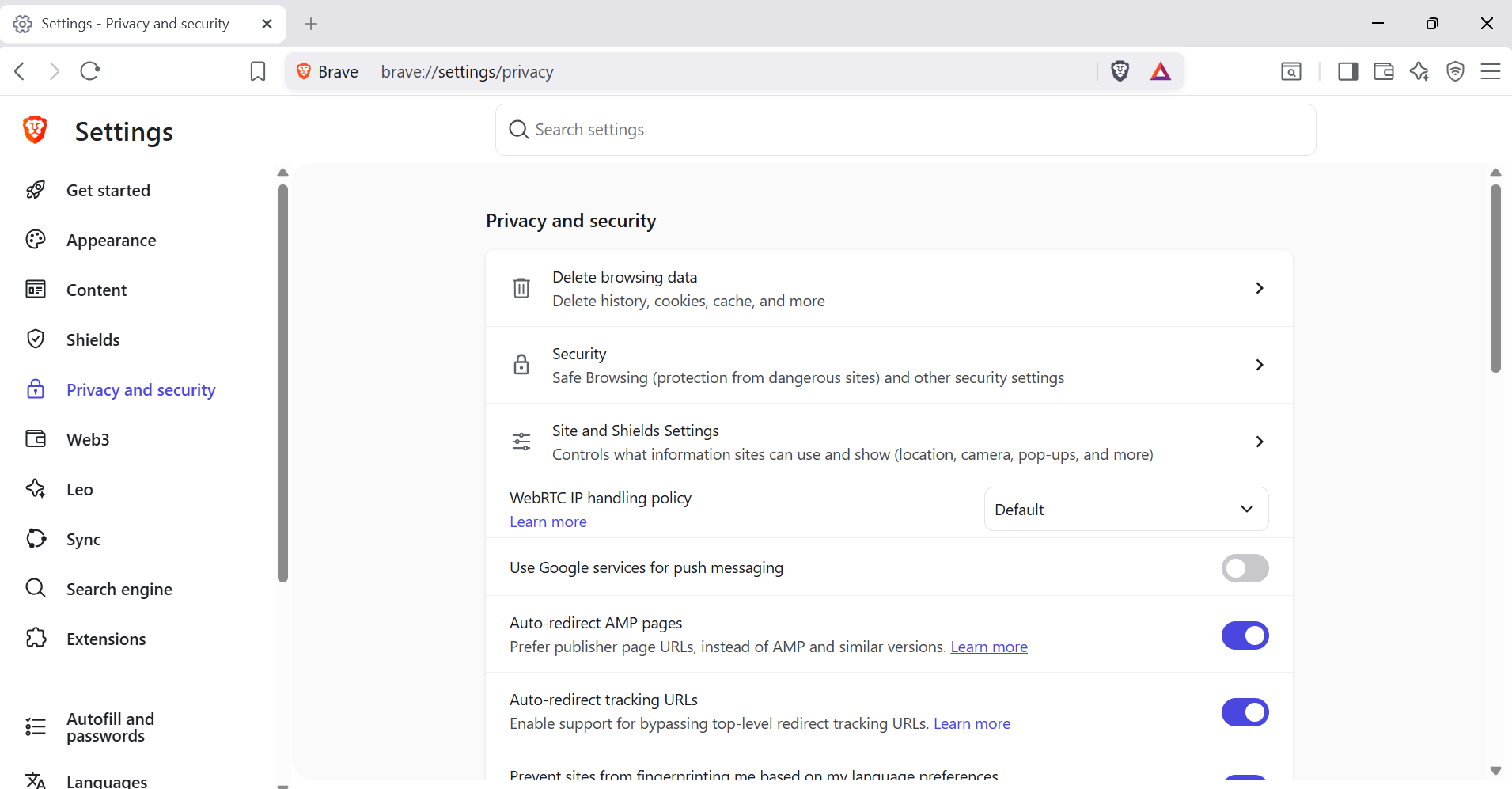 Brave browser Privacy and security settings page showing WebRTC IP handling policy dropdown set to Default with no additional leak protection active