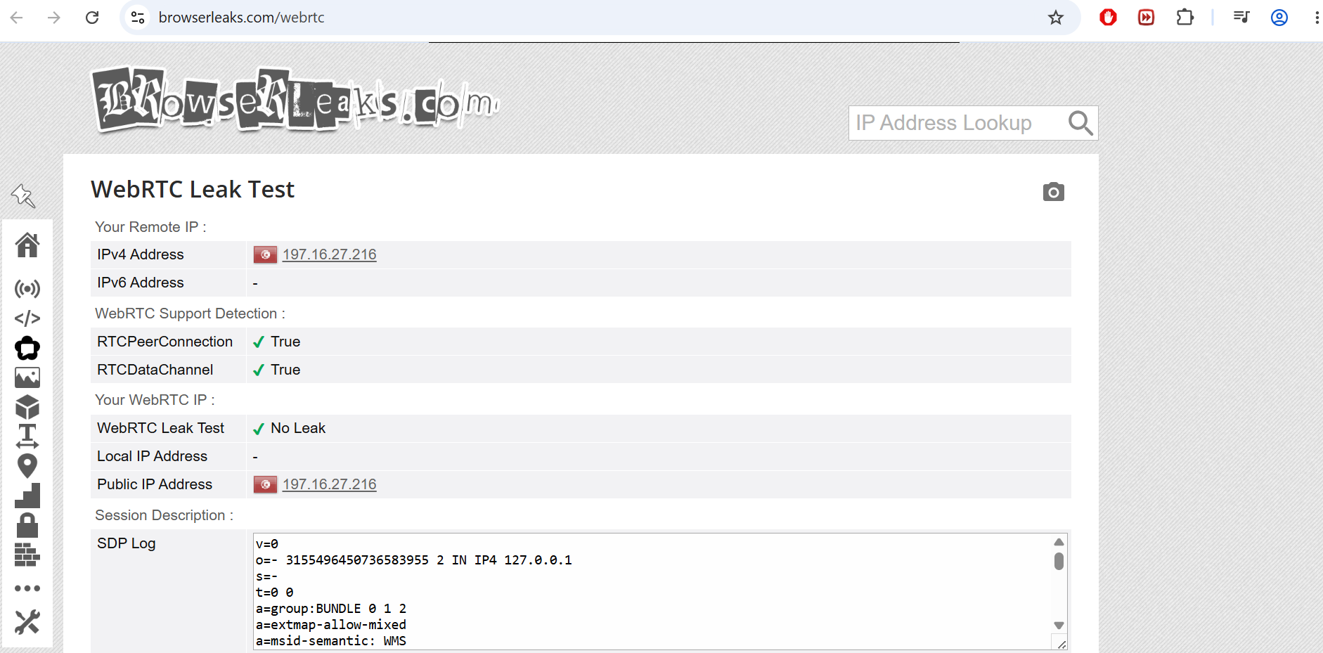 browserleaks.com WebRTC leak test showing real public IP address 197.16.27.216 with Tunisia flag in both the Remote IP and WebRTC Public IP sections before VPN is connected