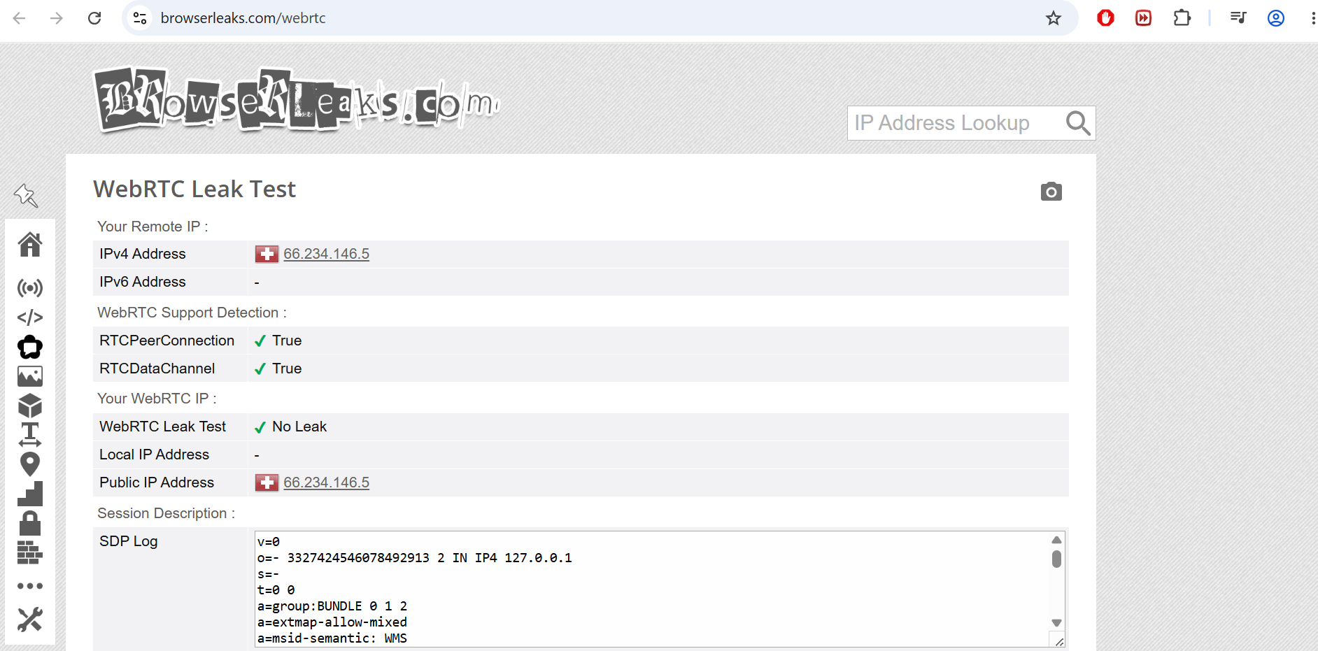 browserleaks.com WebRTC leak test showing no leak with ProtonVPN connected to Switzerland, VPN IP 66.234.146.5 displayed in both Remote IP and WebRTC Public IP sections, real IP 197.16.27.216 absent