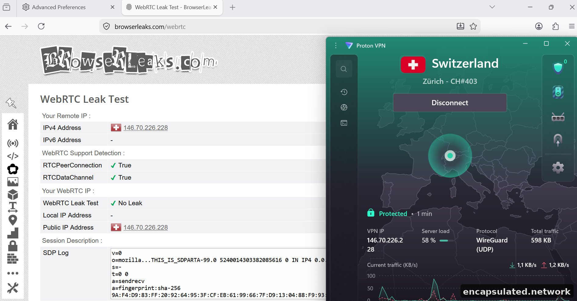 Firefox browserleaks.com WebRTC leak test showing no leak with ProtonVPN connected to Switzerland CH403 via WireGuard UDP, VPN IP 146.70.226.228 matching in both the leak test and ProtonVPN app overlay, real IP absent