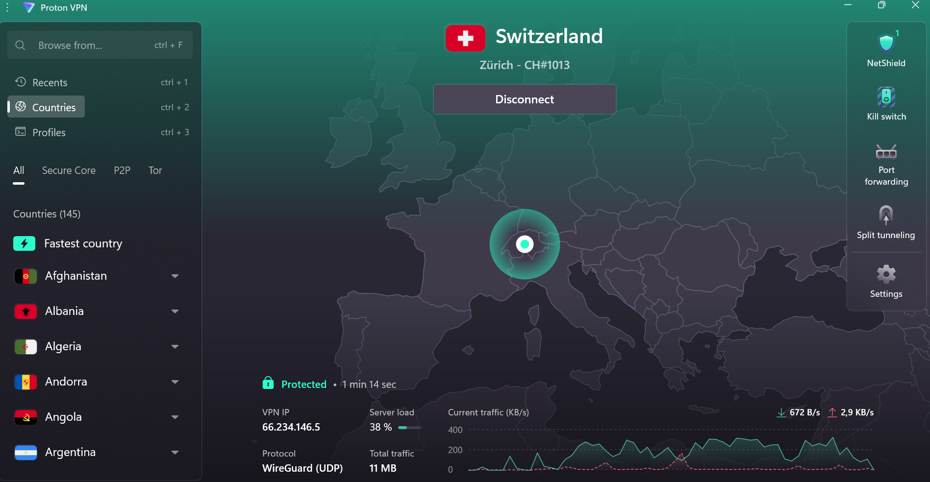 ProtonVPN desktop app showing active connection to Switzerland Zürich server CH#1013 with WireGuard UDP protocol, VPN IP 66.234.146.5 and Protected status