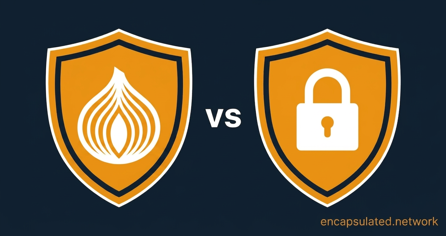 Two amber shields on a dark navy background with VS between them. The left shield contains a white onion cross-section icon representing Tor; the right shield contains a white closed padlock representing VPN