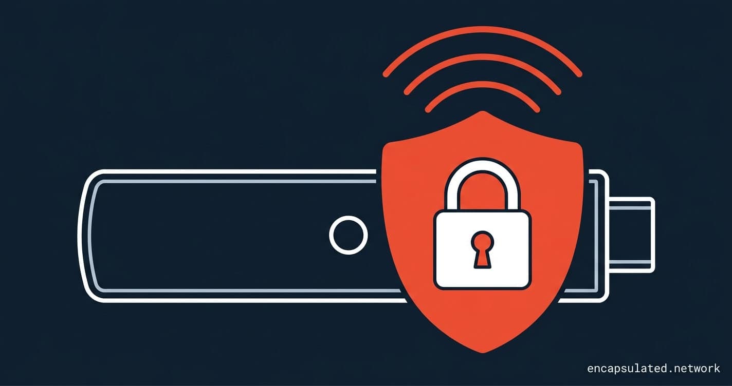 Flat illustration of a white line-art Fire TV Stick device on a dark navy background, partially overlapped by a large coral shield containing a white padlock icon, with coral signal arc lines above — representing a VPN protecting an Amazon Firestick streaming device.