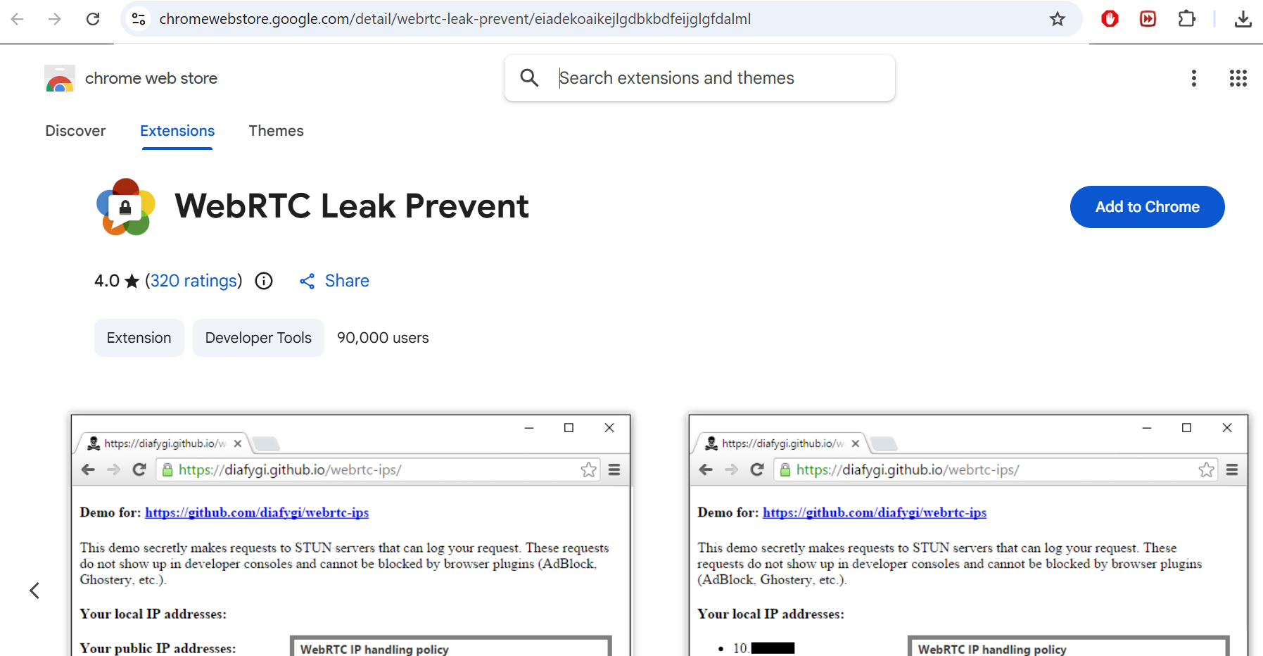 WebRTC Leak Prevent extension listing on the Chrome Web Store showing 4.0 star rating, 320 ratings, 90000 users and Add to Chrome button