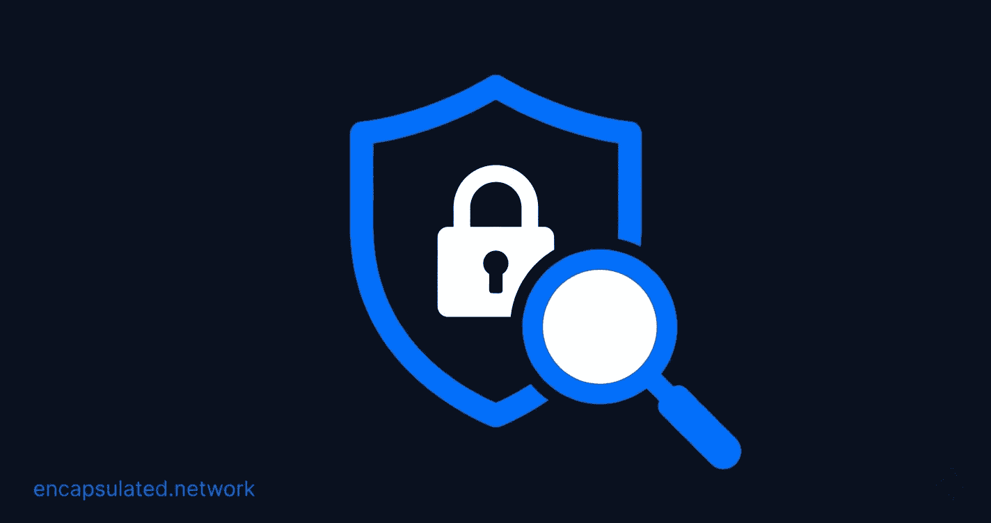 Flat illustration on a dark navy background showing a large electric blue shield icon with a white padlock at its centre, overlapped at the lower right by a flat electric blue magnifying glass. The composition represents scrutiny and verification of a VPN no-log privacy claim.