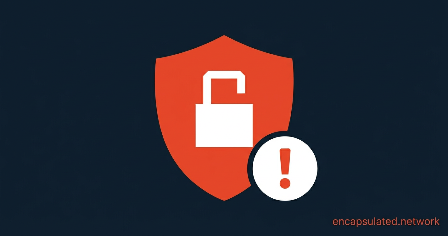 Coral shield with a white open padlock and a warning badge, representing a WebRTC IP leak bypassing VPN protection.