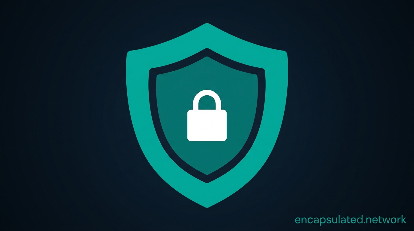 Featured image for What Is an Obfuscated VPN. Three nested shapes on a dark navy background: a large teal outer shield representing the obfuscation layer, a smaller darker-teal inner shield representing the VPN tunnel, and a white padlock inside representing encryption. encapsulated.network watermark bottom-right in teal.
