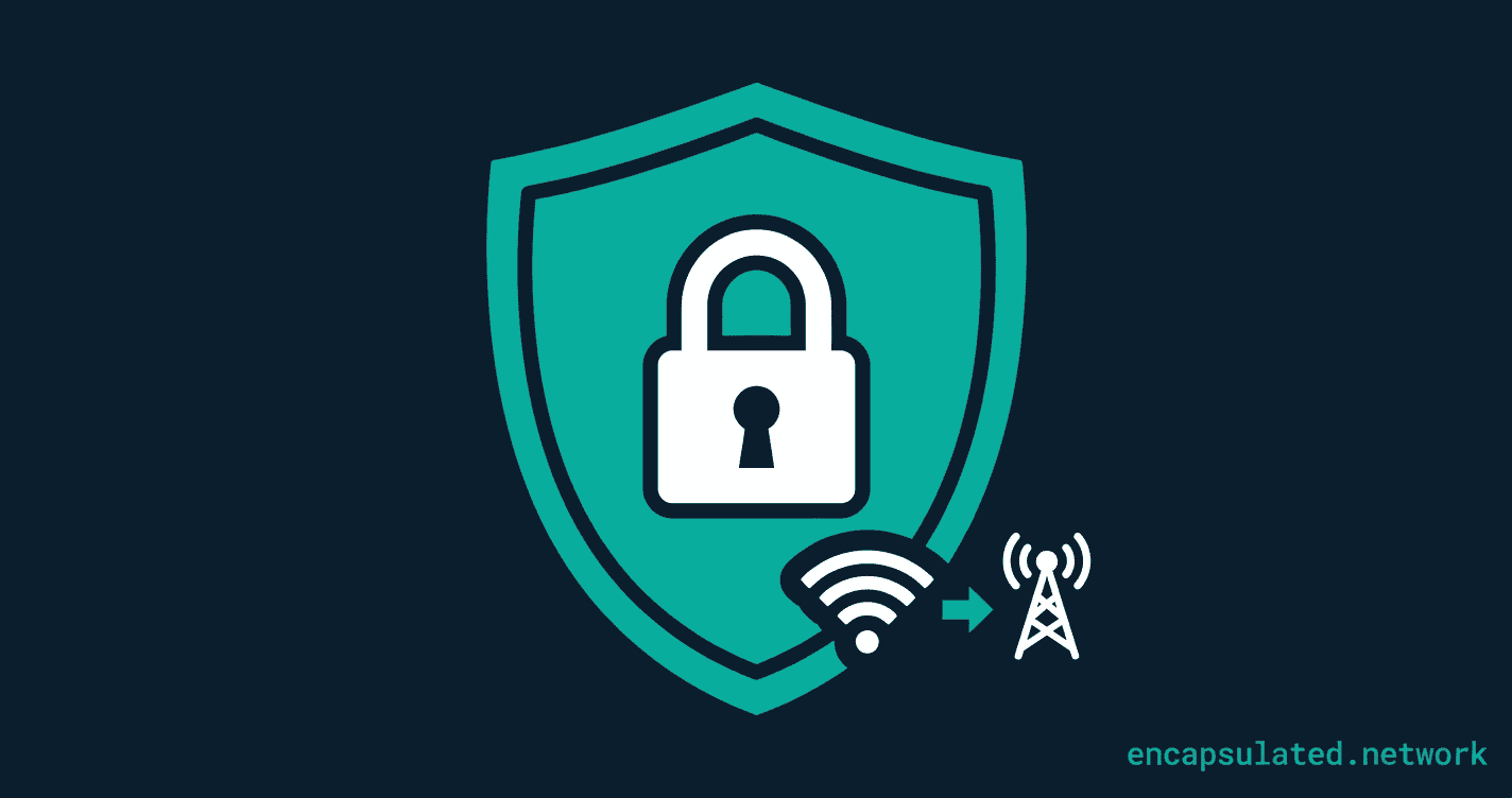 Flat illustration of a teal shield with a white padlock on a dark navy background, with a Wi-Fi symbol and cellular tower icon overlapping the lower-right corner of the shield, representing IKEv2's MOBIKE feature keeping a VPN connected across network transitions.