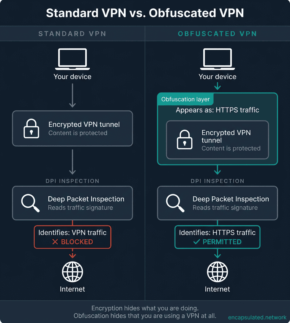 Two-column diagram comparing a standard VPN to an obfuscated VPN. Left column shows an encrypted VPN tunnel being identified as VPN traffic by a deep packet inspection system and blocked. Right column shows the same encrypted tunnel wrapped in a teal obfuscation layer; the DPI system reads it as HTTPS traffic and permits the connection.