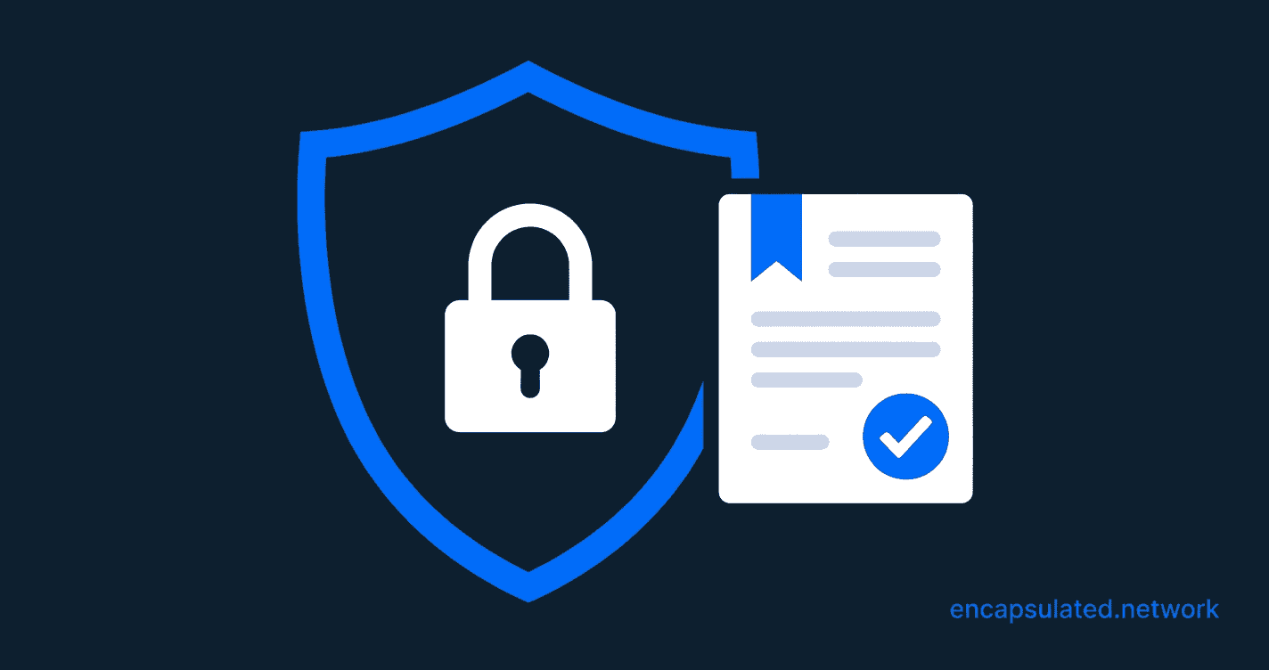 Electric Blue shield icon with a TLS security certificate overlapping its right side, on a dark navy background — featured image for the OpenVPN Explained article on encapsulated.network.