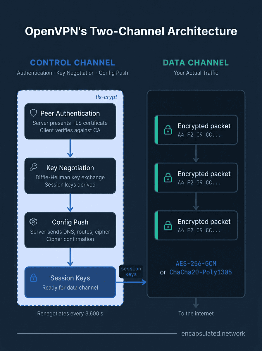 Diagram showing OpenVPN's two-channel architecture. On the left, the control channel uses TLS and handles three sequential steps — peer authentication, key negotiation, and configuration push — before producing session keys. A tls-crypt wrapper surrounds the entire control channel. On the right, the data channel carries encrypted traffic using AES-256-GCM or ChaCha20-Poly1305. An arrow connects the session keys produced by the control channel to the data channel, showing that the control channel negotiates the keys the data channel uses.