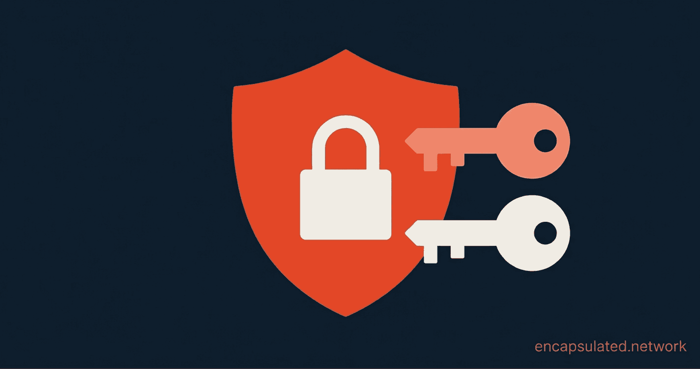 WireGuard VPN protocol featured image showing a coral shield with a padlock and two Curve25519 key icons representing WireGuard's public key pair authentication model on a dark navy background.