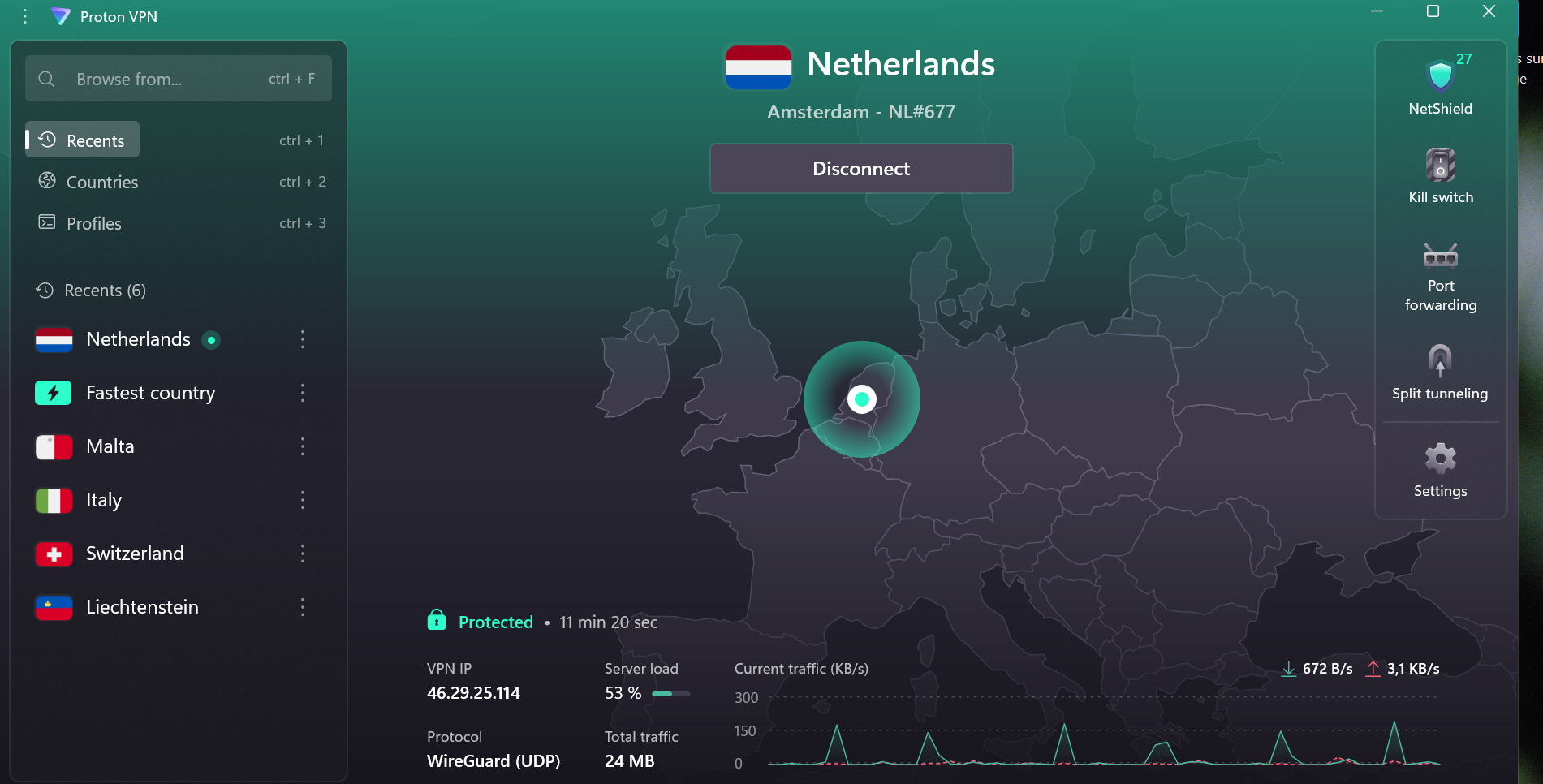 ProtonVPN app showing active connection to Amsterdam Netherlands server NL#677 via WireGuard UDP protocol with Protected status and VPN IP 46.29.25.114