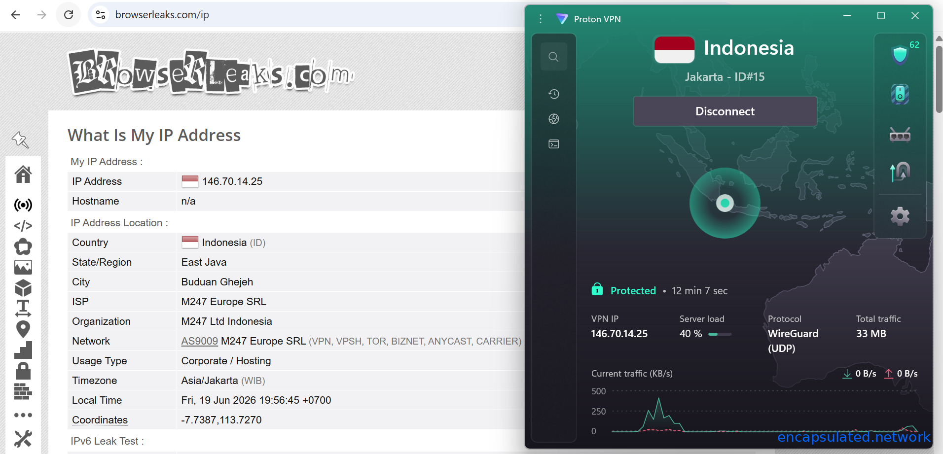 BrowserLeaks IP address check confirming 146.70.14.25 as an Indonesian exit IP — Country: Indonesia, Timezone: Asia/Jakarta, Usage Type: Corporate / Hosting. ProtonVPN overlay shows Jakarta - ID#15 connected via WireGuard (UDP) with the same VPN IP active.