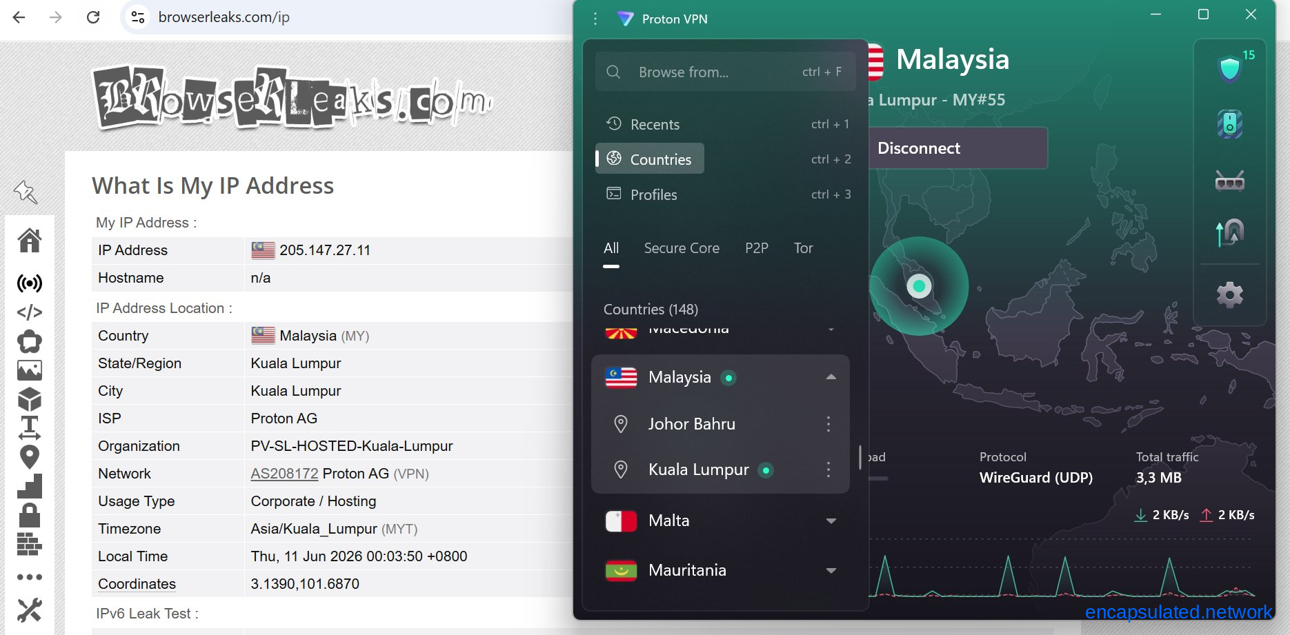 Split-screen showing browserleaks.com IP check on the left confirming IP address 205.147.27.11 located in Kuala Lumpur, Malaysia, with ISP listed as Proton AG, alongside the ProtonVPN desktop app on the right showing an active connection to Malaysia Kuala Lumpur MY#55 via WireGuard UDP.