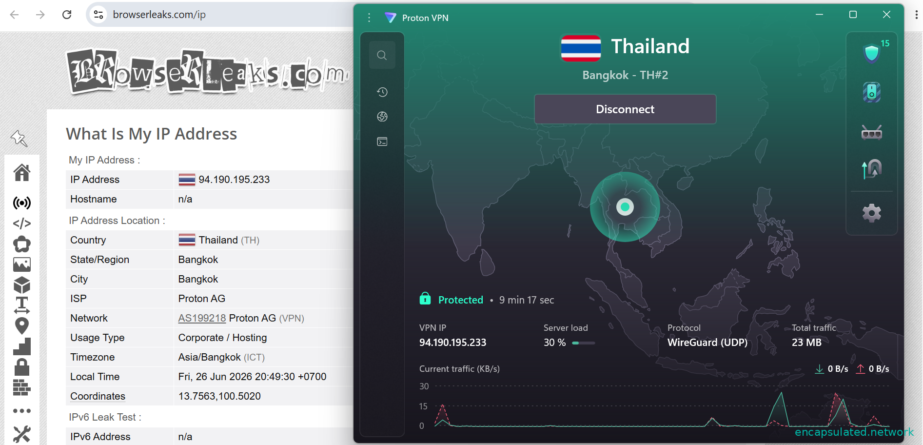 BrowserLeaks IP check confirming Thai IP 94.190.195.233, country Thailand, city Bangkok, timezone Asia/Bangkok, ISP Proton AG, no IPv6 leak — ProtonVPN connected to Bangkok TH#2 visible in panel