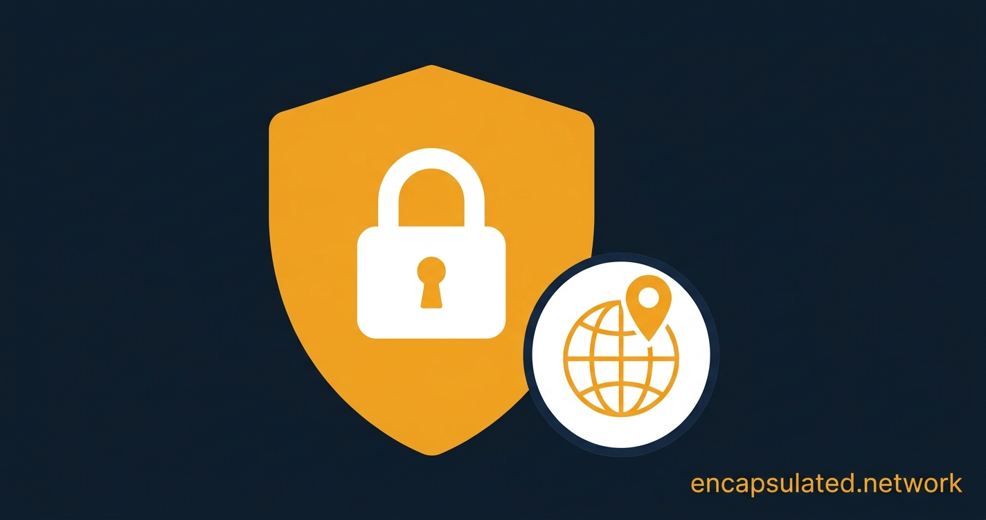 Amber VPN shield with a closed padlock icon and a circular badge showing a globe with a location pin, representing how to change your IP address location using a VPN.