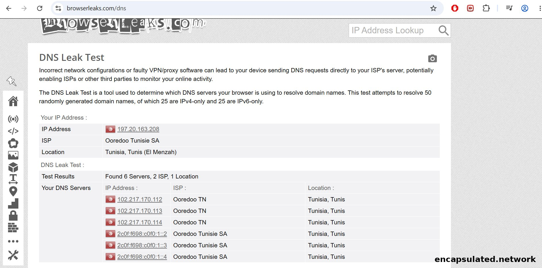 DNS leak test on browserleaks.com showing six Ooredoo Tunisie SA DNS servers including three IPv6 addresses, confirming no VPN is active