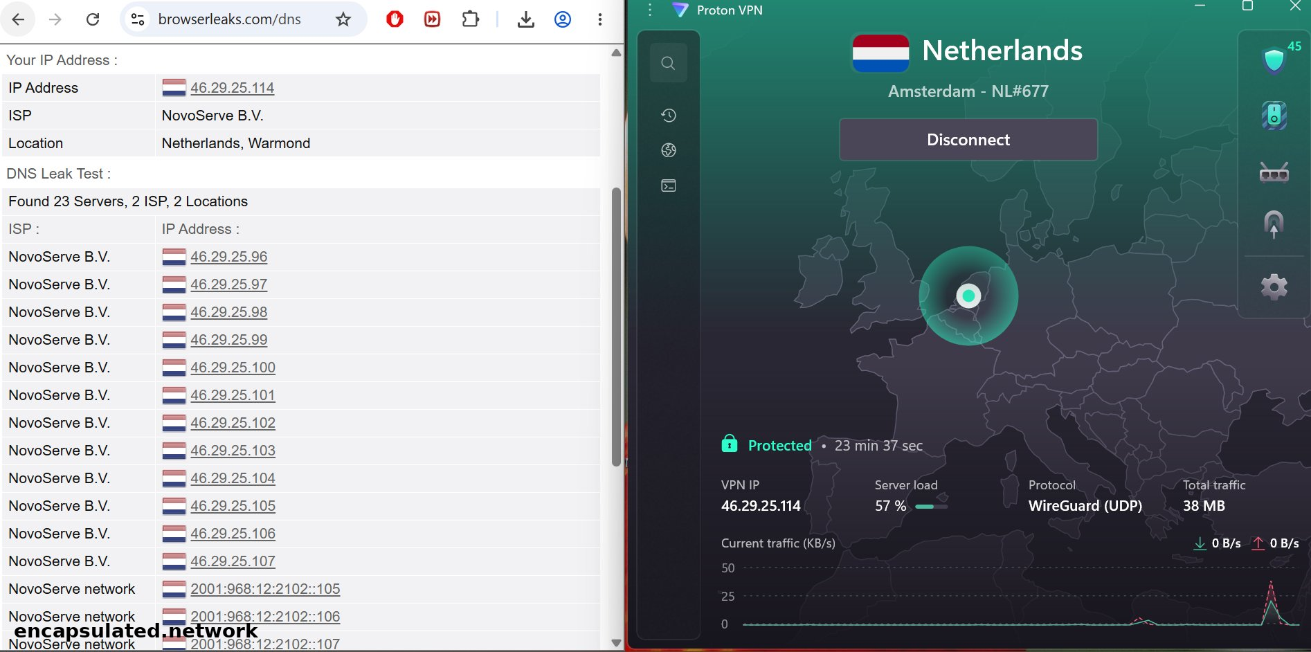 DNS leak test on browserleaks.com showing 23 NovoServe Netherlands servers with no Ooredoo entries while ProtonVPN is connected to Amsterdam NL#677 via WireGuard