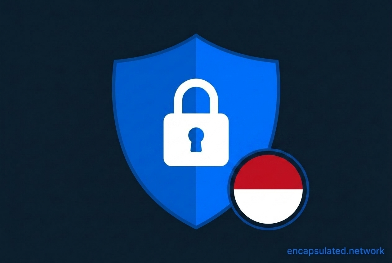 Electric Blue security shield with a white closed padlock and a circular Indonesian flag badge showing red over white, on a dark navy background. Featured image for How to Get an Indonesian IP Address.