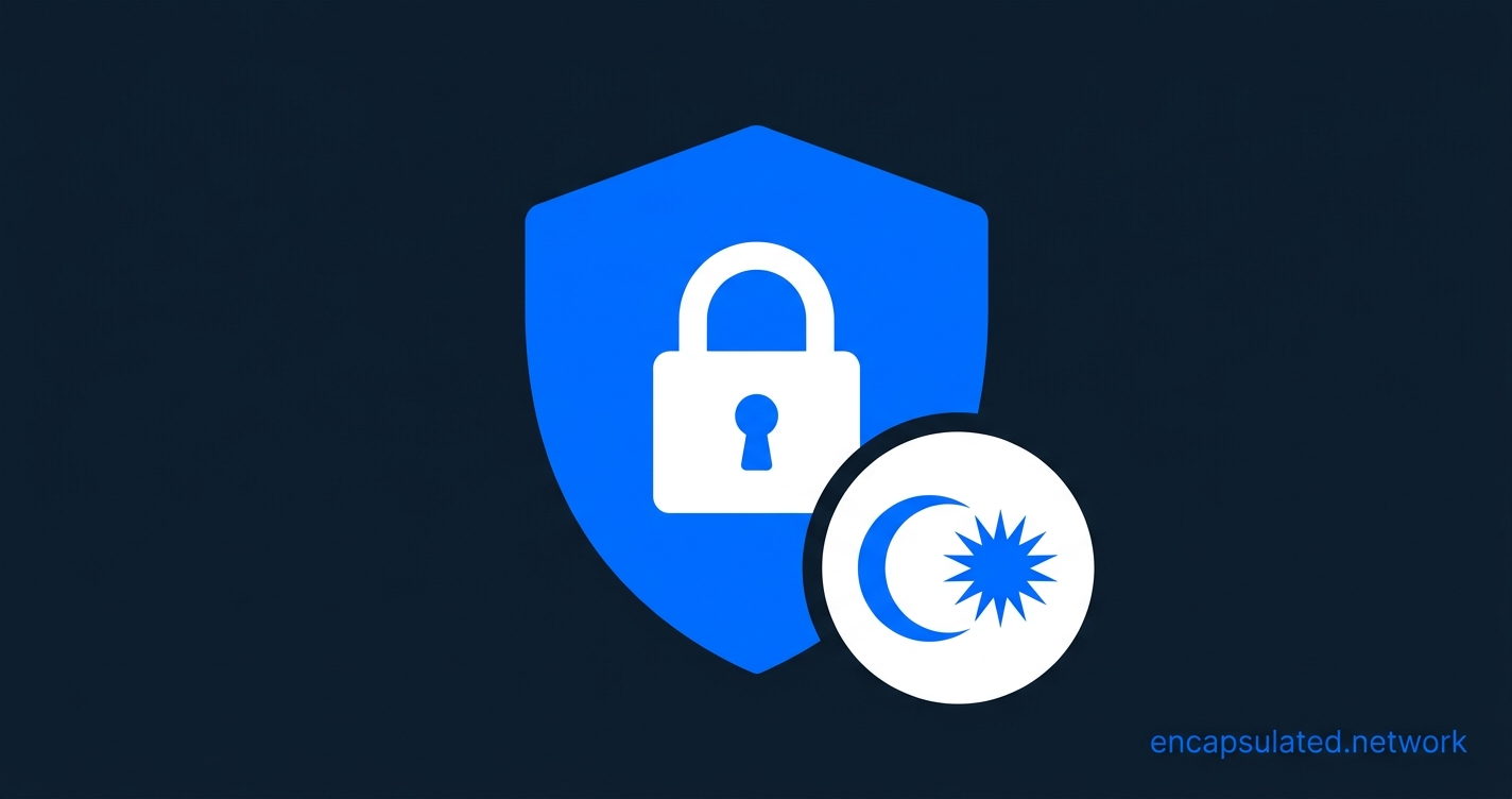 Electric Blue security shield with a white padlock on a dark navy background, with a circular badge at the lower right containing a blue crescent moon and star — the symbolic elements of the Malaysian national flag — representing a guide to getting a Malaysian IP address with a VPN.