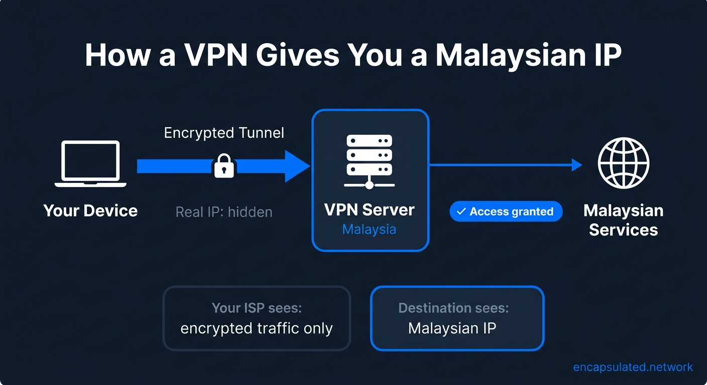 Diagram titled How a VPN Gives You a Malaysian IP showing a three-node horizontal flow: a laptop labelled Your Device connects via a thick Electric Blue encrypted tunnel arrow with a padlock icon to a server card labelled VPN Server Malaysia, which then connects via a thinner arrow to a globe icon labelled Malaysian Services. A badge reading Access granted appears between the server and the destination. Two information cards at the bottom read: Your ISP sees encrypted traffic only on the left, and Destination sees Malaysian IP on the right.