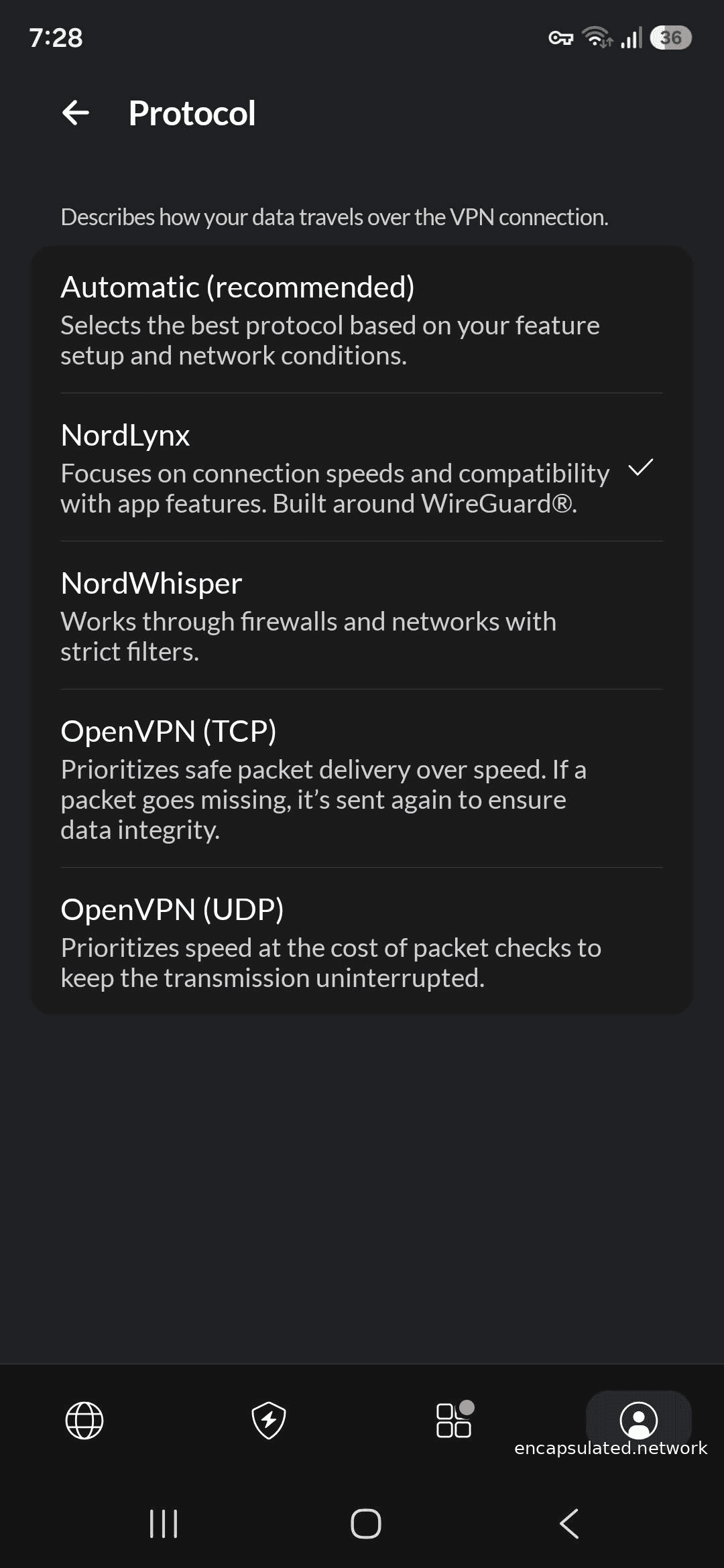 NordVPN Android app Protocol settings screen with NordLynx selected, showing the full protocol list including Automatic, NordLynx with checkmark, NordWhisper, OpenVPN TCP, and OpenVPN UDP.