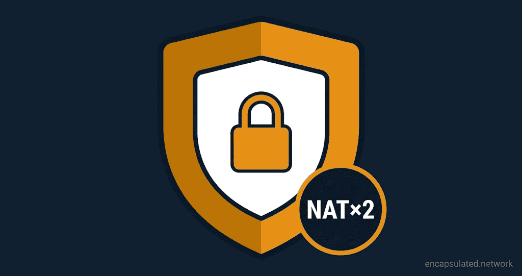 Amber VPN shield containing a smaller white inner shield with an amber padlock at its centre, and a NAT×2 badge at the lower right — the double-shield design represents NordLynx's two-layer double-NAT architecture wrapping the WireGuard protocol inside a proprietary privacy layer.