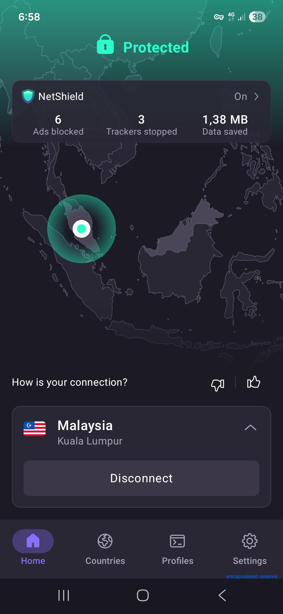 ProtonVPN Android app home screen showing Protected status with a teal padlock icon, Malaysia and Kuala Lumpur as the active server with the Malaysian flag, a Disconnect button, and a teal connection indicator over the Malay Peninsula on the Southeast Asia map. The VPN key icon is visible in the Android status bar at the top of the screen.