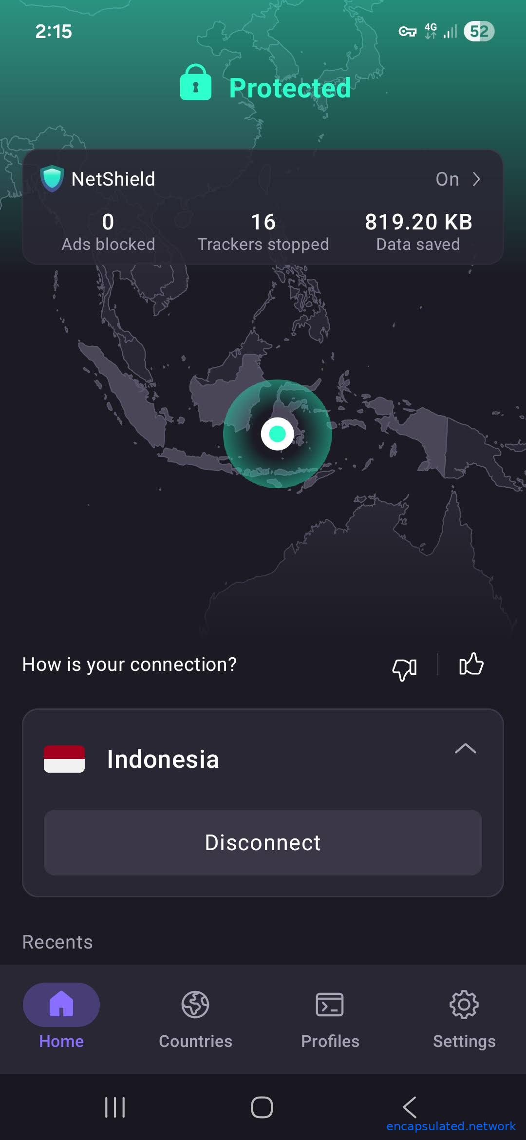ProtonVPN Android app showing a Protected connection to Indonesia. The connection card displays the Indonesian flag with a Disconnect button, and a green location pin marks the Indonesian archipelago on the map. The VPN key icon in the Android status bar confirms the tunnel is active.