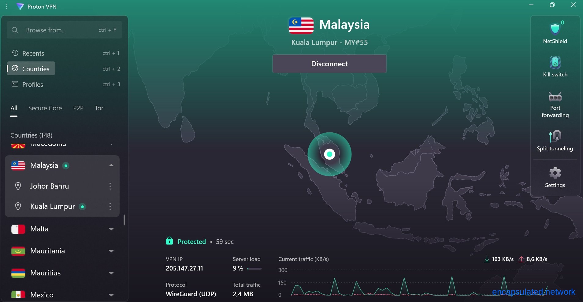 ProtonVPN desktop app showing an active connection to Malaysia, Kuala Lumpur server MY#55 via WireGuard UDP, with green Protected status, VPN IP address 205.147.27.11, server load at 9 percent, and a teal connection indicator over the Malay Peninsula on the map.