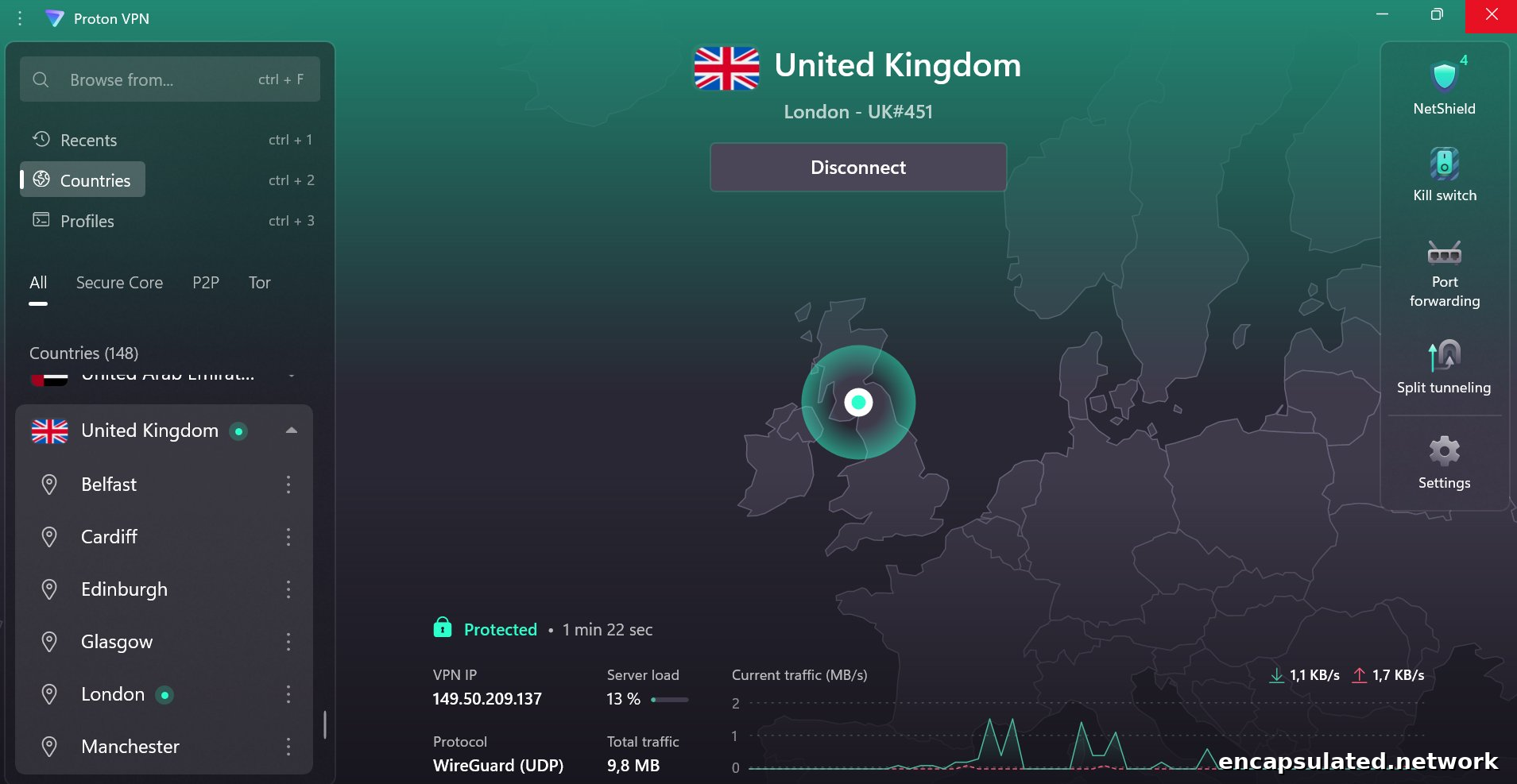 ProtonVPN desktop app showing a protected connection to London UK#451 using WireGuard UDP protocol, with server load at 13%.