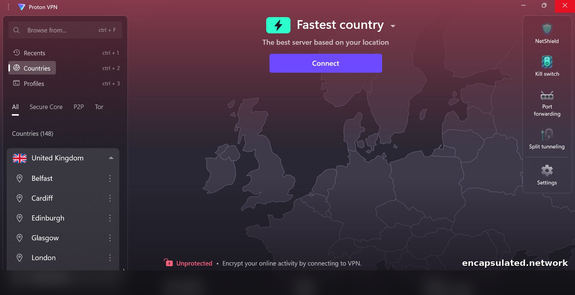 ProtonVPN desktop app showing the country list with the United Kingdom expanded, displaying city-level servers including London and Manchester
