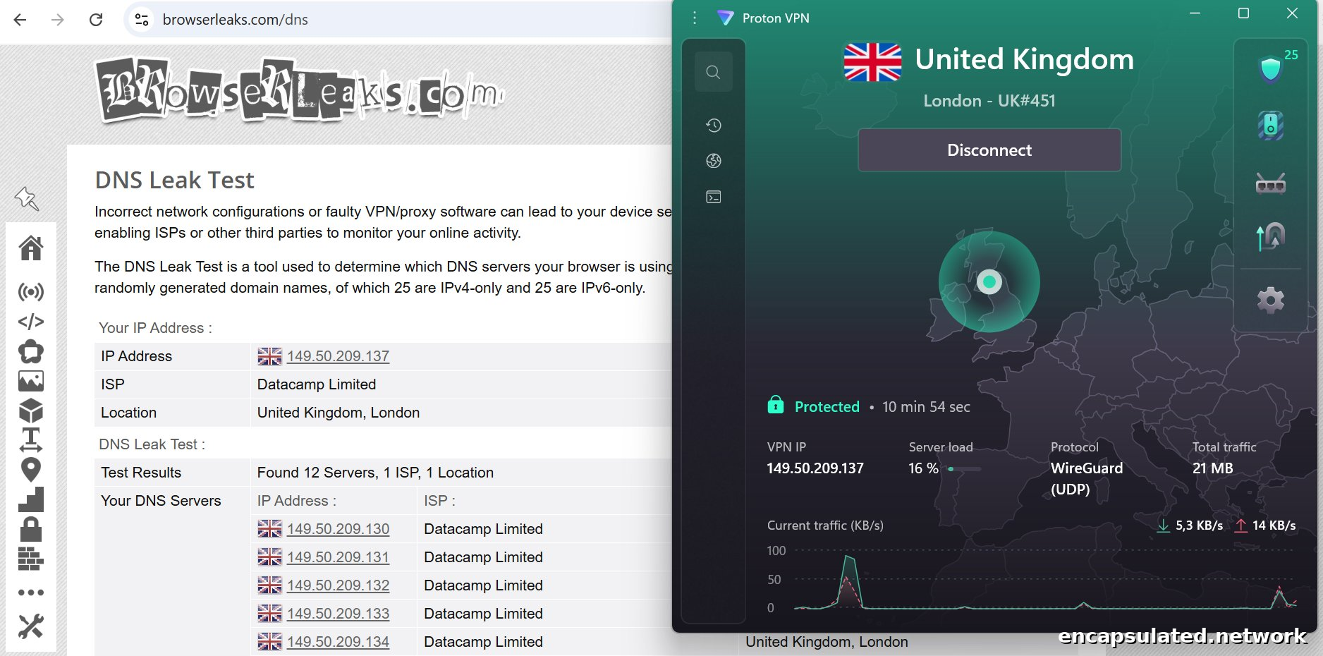 BrowserLeaks DNS leak test showing a clean result — IP address, ISP, and all DNS servers resolving through the ProtonVPN London server on the Datacamp Limited network, with no home ISP exposure.